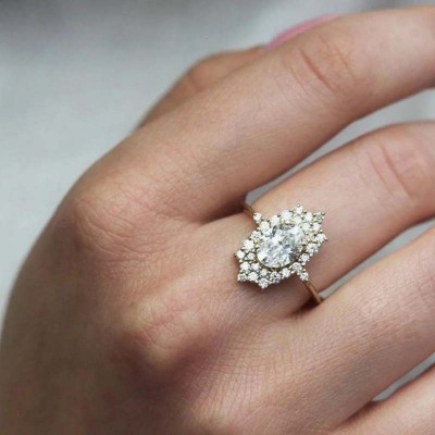 Yellow Gold Oval Cut White Sapphire 925 Sterling Silver Cluster Engagement Ring