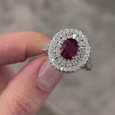Oval Cut Ruby 925 Sterling Silver Double Halo Engagement Ring