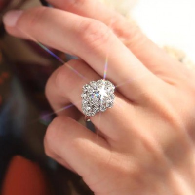 Art Deco Round Cut White Sapphire 925 Sterling Silver Halo Engagement Ring