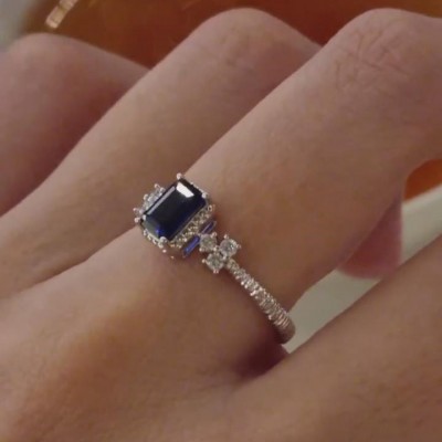 Emerald Cut Blue Sapphire 925 Sterling Silver Engagement Ring