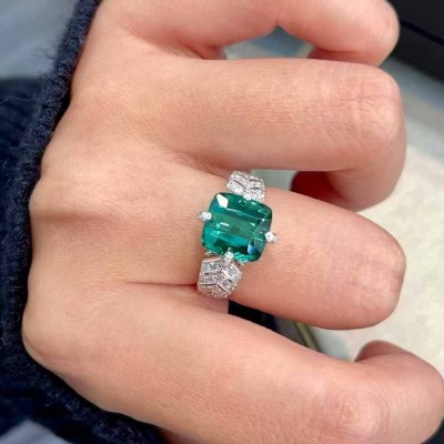 Cushion Cut Emerald 925 Sterling Silver Engagement Ring