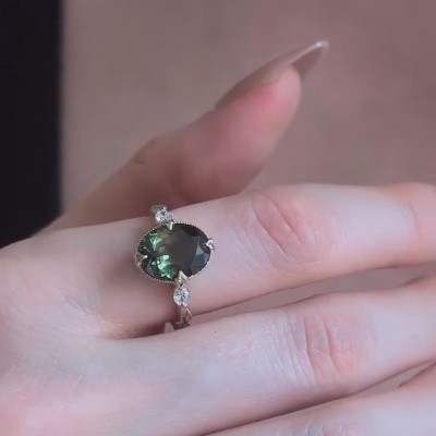 Vintage Oval Cut Emerald 925 Sterling Silver Engagement Ring