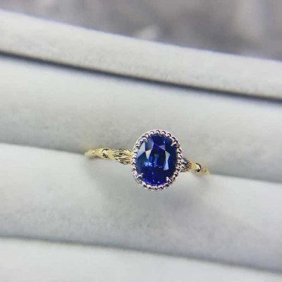 Yellow Gold Oval Cut Blue Sapphire 925 Sterling Silver Engagement Ring