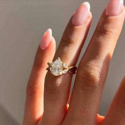 Yellow Gold Pear Cut White Sapphire 925 Sterling Silver Twisted Engagement Ring