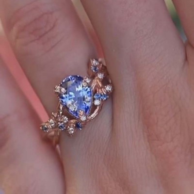Rose Gold Pear Cut Blue Sapphire 925 Sterling Silver Leaf Engagement Ring