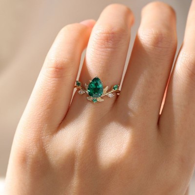 Yellow Gold Pear Cut Emerald 925 Sterling Silver Leaf Engagement Ring