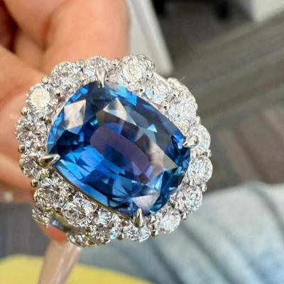 Cushion Cut Blue Sapphire 925 Sterling Silver Halo Engagement Ring