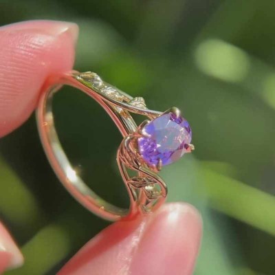 Yellow Gold Oval Cut Amethyst 925 Sterling Silver Leaf Engagement Ring