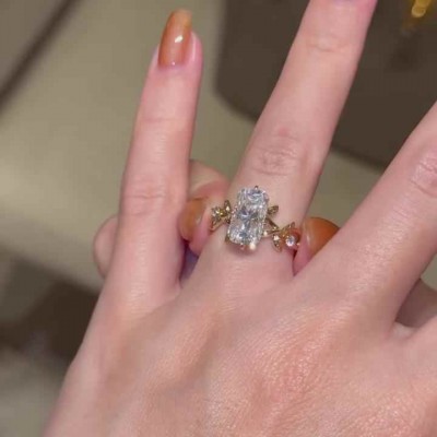 Yellow Gold Radiant Cut White Sapphire 925 Sterling Silver Leaf Engagement Ring