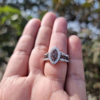 Round Cut Chocolate 925 Sterling Silver Marquise Shaped Halo Engagement Ring