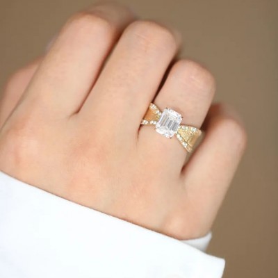 Vintage Emerald Cut White Sapphire 925 Sterling Silver Rectangle Brushed Wide Band Solitaire Engagement Ring