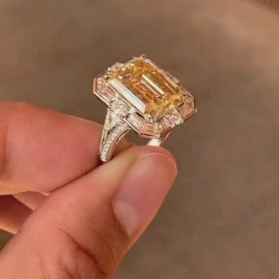 Emerald Cut Yellow Topaz 925 Sterling Silver Halo Engagement Ring