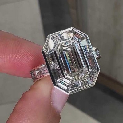 Emerald Cut White Sapphire 925 Sterling Silver Halo Engagement Ring