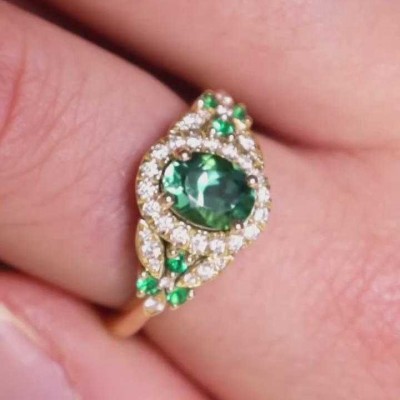 Yellow Gold Oval Cut Emerald 925 Sterling Silver Halo Engagement Ring