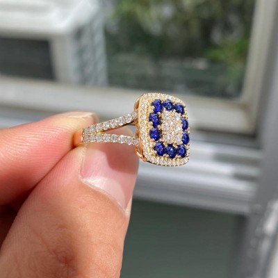 Yellow Gold Round Cut White and Blue Sapphire 925 Sterling Silver Cluster Engagement Ring