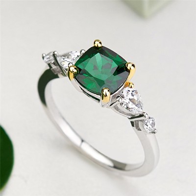 Cushion Cut Emerald 925 Sterling Silver 3-Stone Engagement Ring