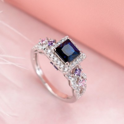 Princess Cut Blue Sapphire 925 Sterling Silver Halo Engagement Ring