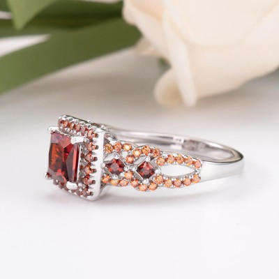 Princess Cut Garnet Sterling Silver Halo Engagement Ring