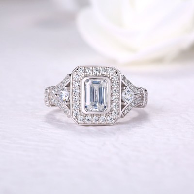 Emerald Cut White Sapphire Sterling Silver Halo Engagement Ring