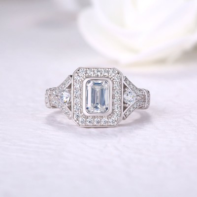 Emerald Cut White Sapphire Sterling Silver Halo Engagement Ring