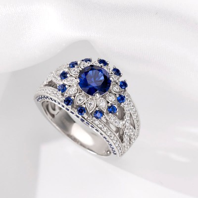 Round Cut Blue Sapphire 925 Sterling Silver Sunflower Halo Engagement Ring