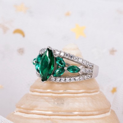 Vintage Marquise Cut Emerald 925 Sterling Silver Engagement Ring