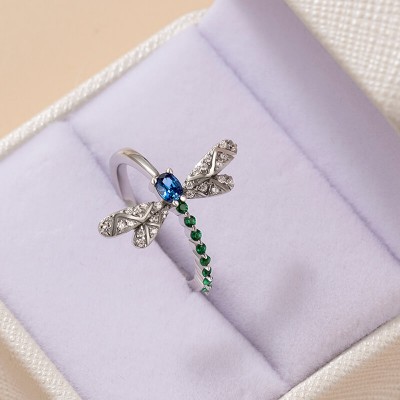 Beautiful Blue Sapphire & Emerald 925 Sterling Silver Dragonfly Ring