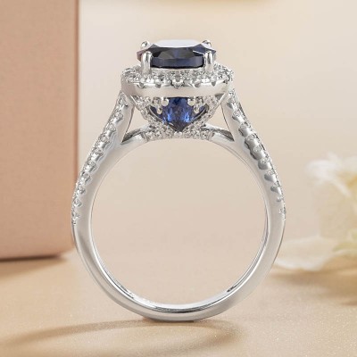 Oval Cut Blue Sapphire 925 Sterling Silver Halo Engagement Ring