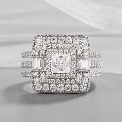 Princess Cut White Sapphire Sterling Silver Triple Halo Shank Engagement Ring