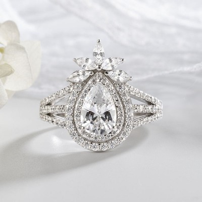 Pear Cut White Sapphire 925 Sterling Silver Double Halo Engagement Ring