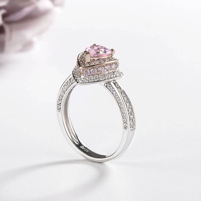Lovely Heart Cut Pink Sapphire Sterling Silver Two-Tone Double Halo Engagement Ring