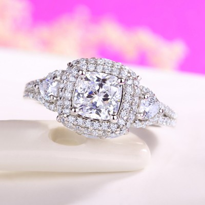 Cushion Cut White Sapphire 925 Sterling Silver Halo Three-Stone Engagement Ring