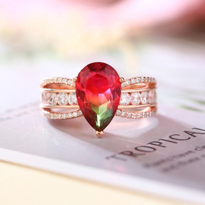 Rose Gold Pear Cut Watermelon  925 Sterling Silver Engagement Ring