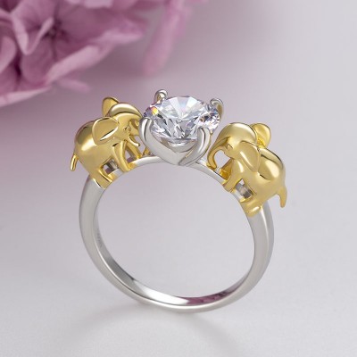 "Together Forever" Round Cut White Sapphire Yellow Gold Sterling Silver Elephant Ring