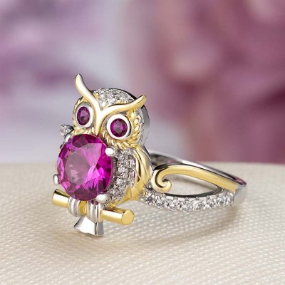 Two-Tone Round Cut Garnet 925 Sterling Silver Owl Ring