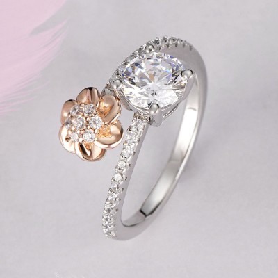 Round Cut White Sapphire Sterling Silver Rose Gold Flower Ring