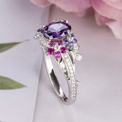 Oval Cut Amethyst Sterling Silver Flowers Bloom Engagement Ring