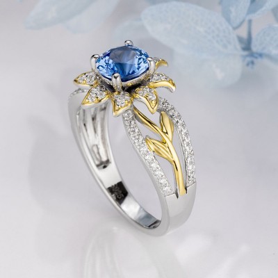 Two-Tone Sunflower Inspired Round Cut Aquamarine 925 Sterling Silver Ring