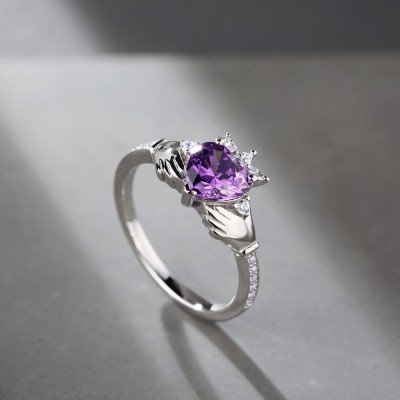 Claddagh Heart Cut Amethyst 925 Sterling Silver Engagement Ring