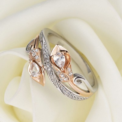 Pear Cut White Sapphire Sterling Silver Rose Gold Tulips Ring