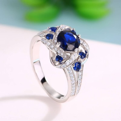 Unique Round Cut Blue Sapphire Sterling Silver Knot Engagement Ring