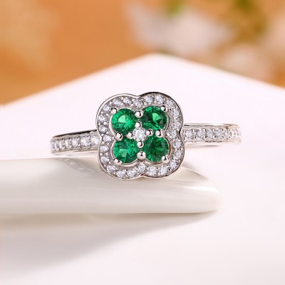 Round Cut Emerald Sterling Silver Halo Engagement Ring