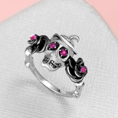 Halloween Black Flower 925 Sterling Silver Skull Ring