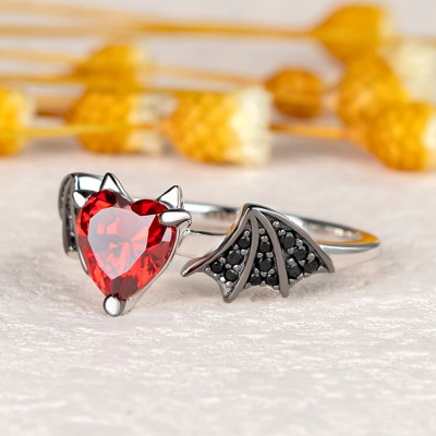 Heart Cut Ruby Sterling Silver Bat Ring