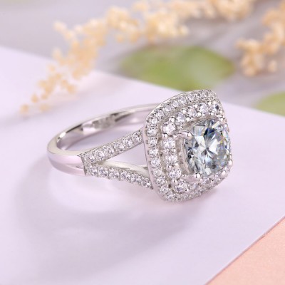Cushion Cut White Sapphire 925 Sterling Silver Double Halo Engagement Ring