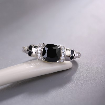 Cushion Cut Black Sapphire Sterling Silver Skull Ring