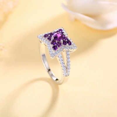 Princess Cut Amethyst 4-Point Star Sterling Silver Women's Ring