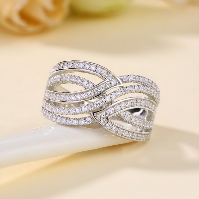 Round Cut White Sapphire 925 Sterling Silver Wave Women's Band