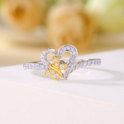 Gold Butterfly with Heart White Sapphire 925 Sterling Silver Ring for Women