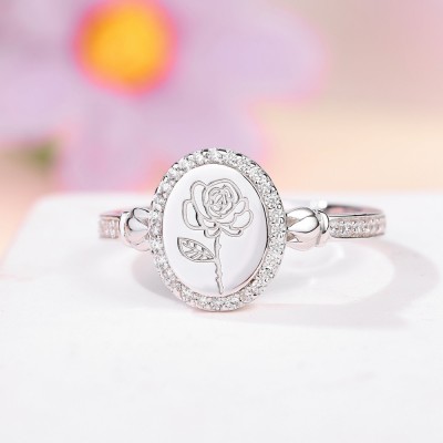 Personalized Oval Birth Flower 925 Sterling Silver Halo Women's Signet Ring